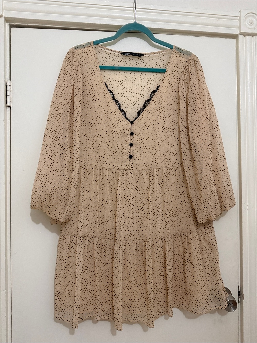 Zara Beige Polka Dot Tiered Dress with Black Lace Trim